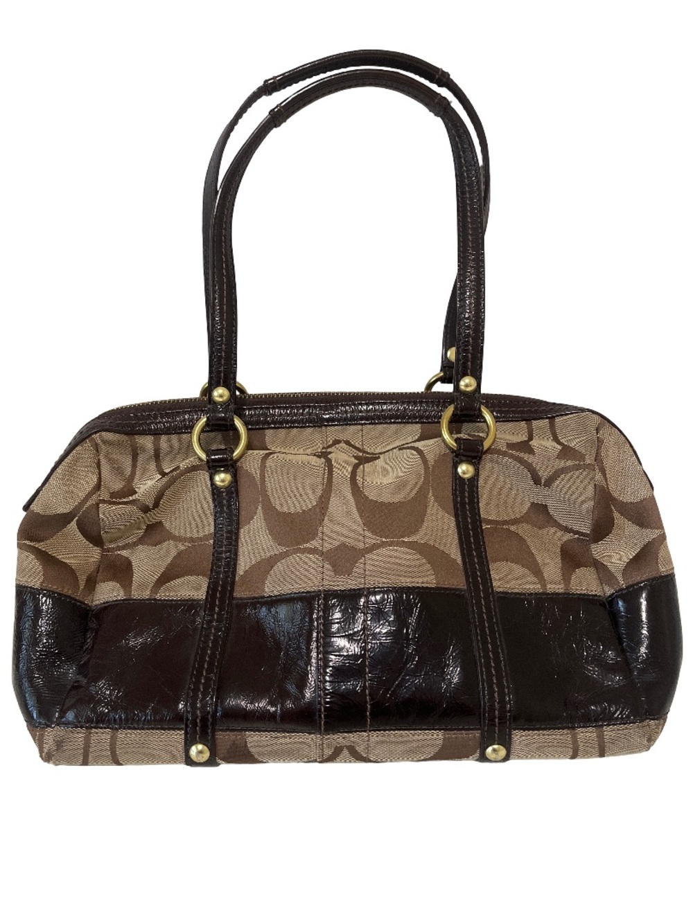 Coach Signature Bowler Bag Brown Patent Leather Handbag 12430